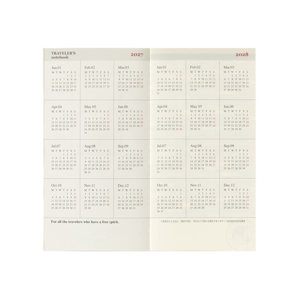 Traveler's Notebook Refill 2027 Monthly Diary